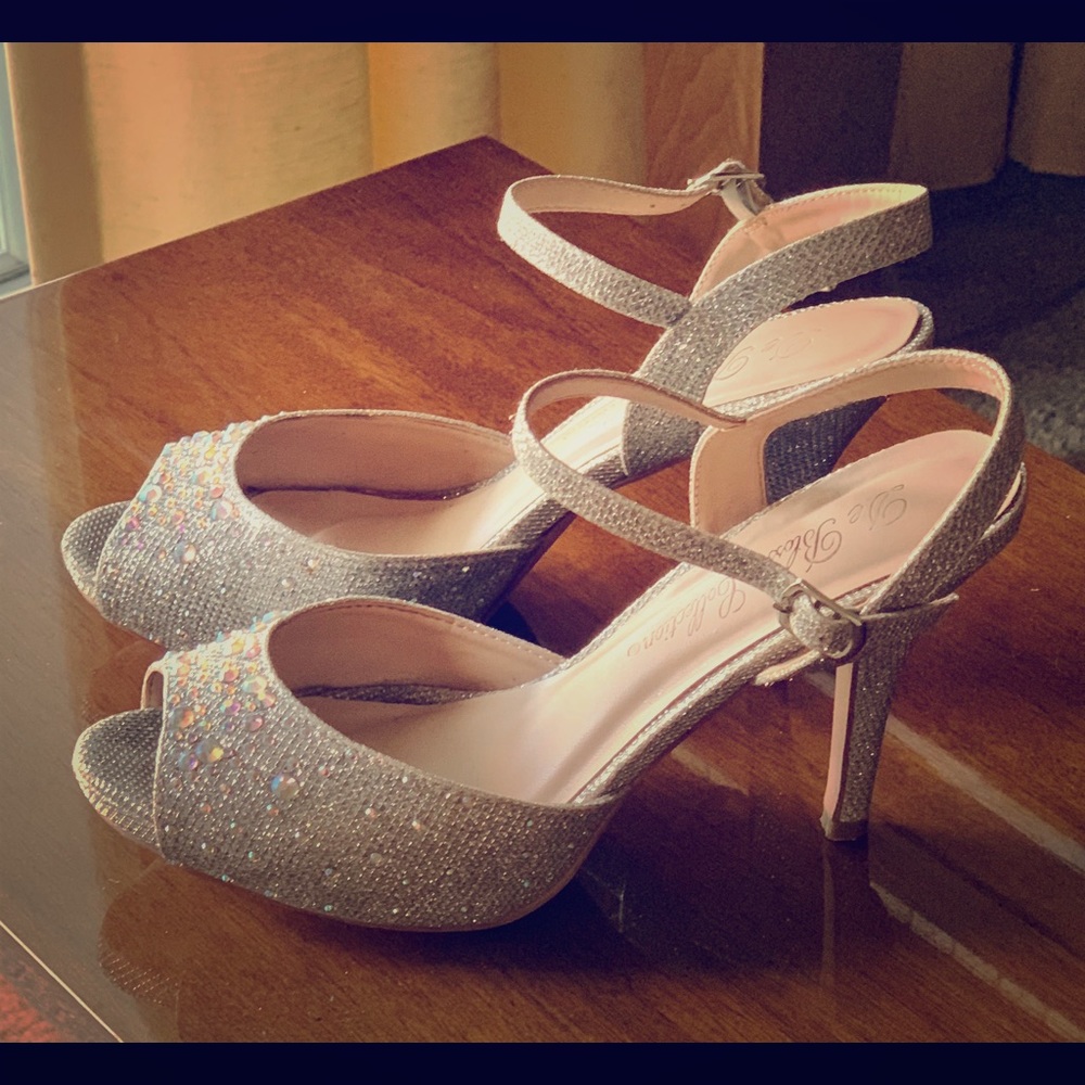 Silver peep toe heels